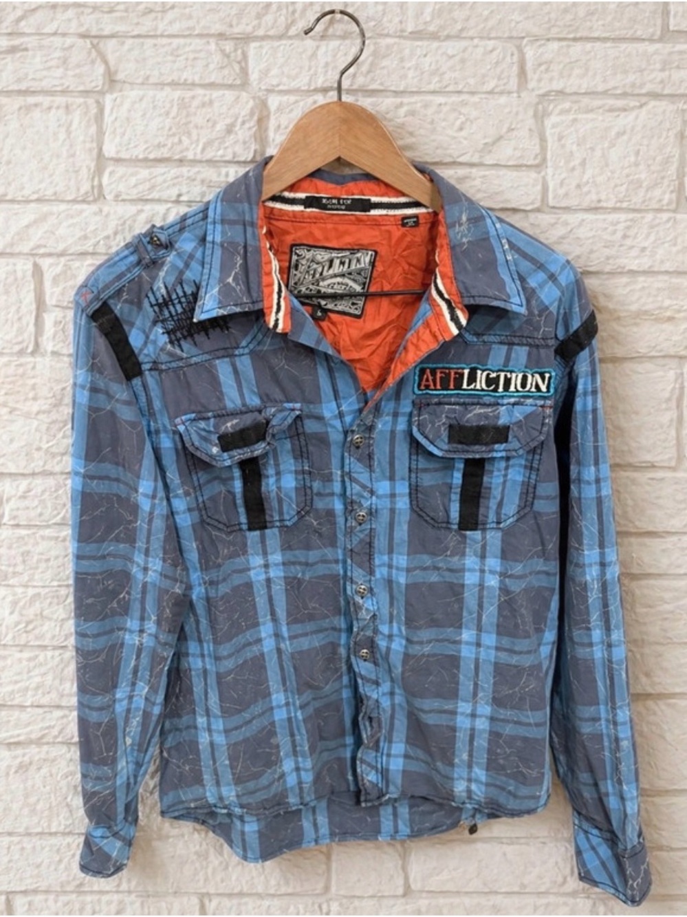 Affliction Blue and Gray Plaid Button-Front Shirt with Orange Lining